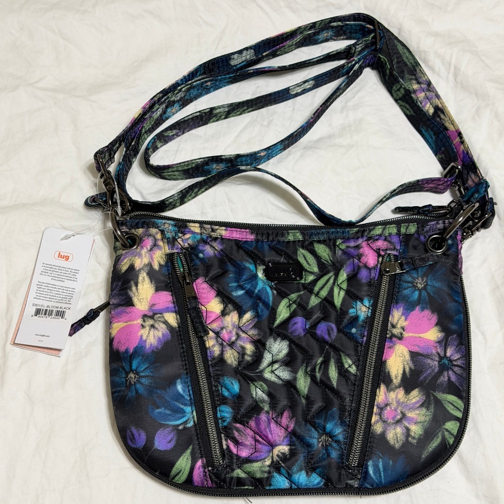 Lug Swivel Crossbody‎ Travel Bag Bloom Black Floral Adjustable Strap- NEW